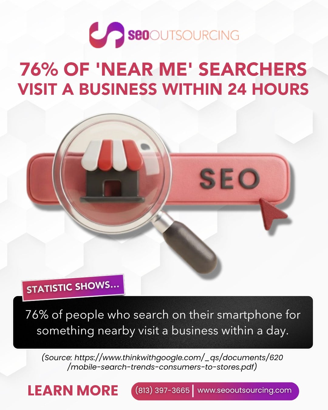 Infographic from SEO Outsourcing showing that 76% of people who search on their smartphone for something nearby visit a business within a day, with CTA phone (813) 397-3665