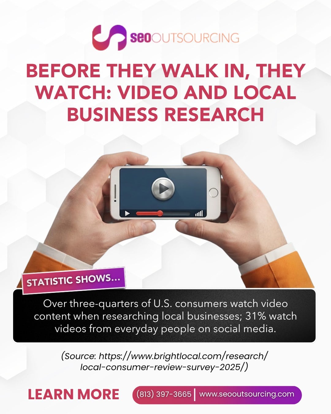 SEO Outsourcing infographic titled Before They Walk In, They Watch: Video and Local Business Research, stating that over three-quarters of U.S. consumers watch video content when researching local businesses and 31% watch videos from everyday people on social media, sourced from BrightLocal, plus phone (813) 397-3665