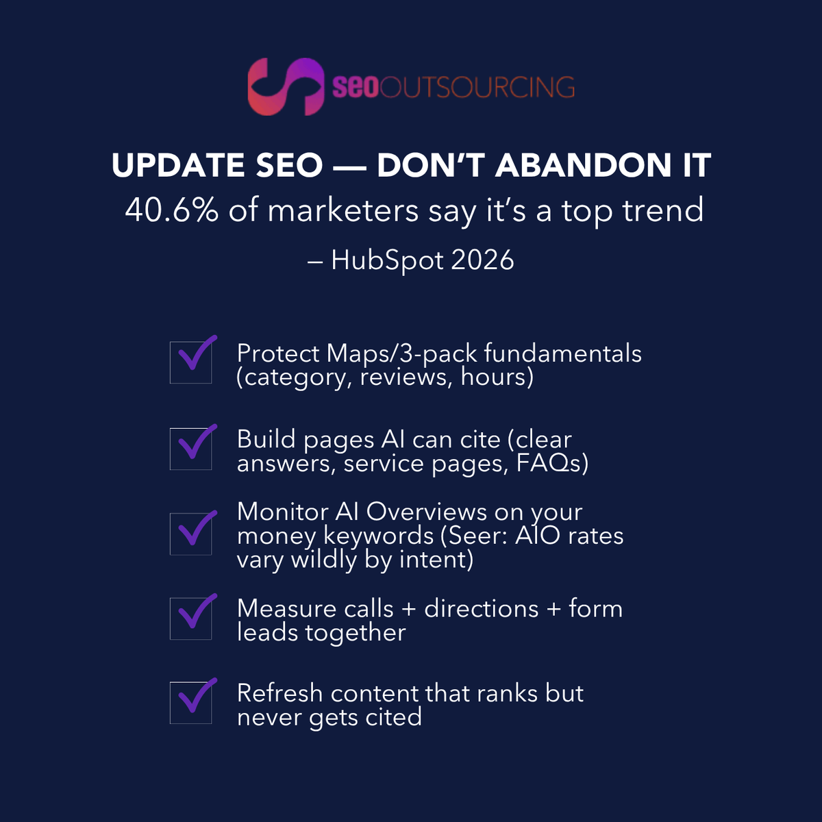 SEO Outsourcing checklist — update SEO, don’t abandon it; 40.6% of marketers say it’s a top trend, HubSpot 2026